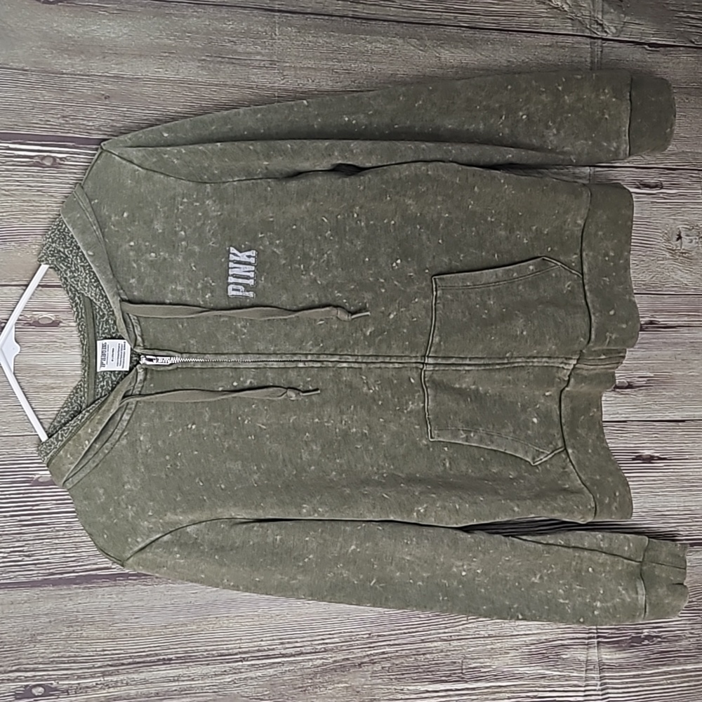 PINK Zip-up Hoodie Olive Green Sz Medium